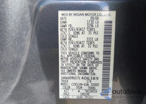 2007 Nissan Frontier Le z USA, uszkodzony, nr VIN 1N6AD09U57C406389